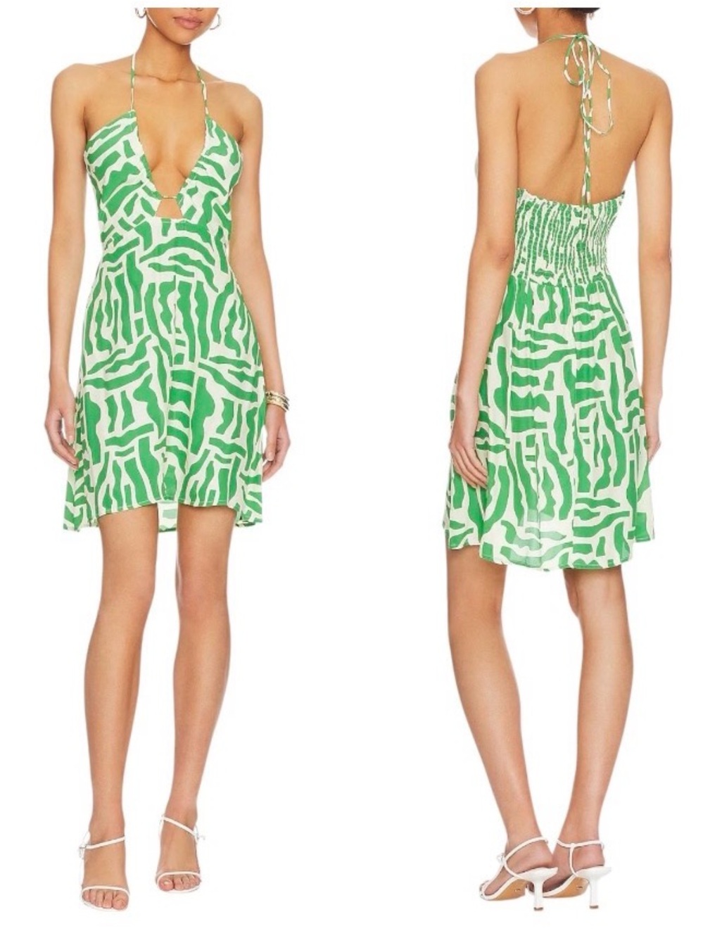Faithfull the Brand Surrau Tulli Geometric Halter Green White Mini Dress Small S